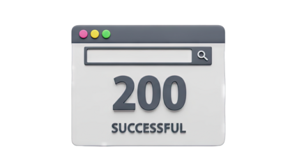 Success message with number 200 and search bar in a browser window interface with colorful buttons and a dark gray background with subtle lighting effect