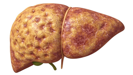 Medical 3D rendering depicting a severely diseased human liver with advanced pathology