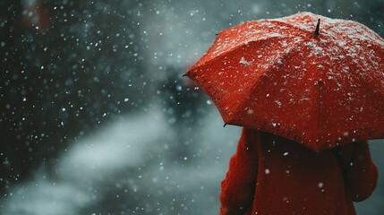 A red umbrella covered in snow during a heavy snowfall with a blurred background in winter weather