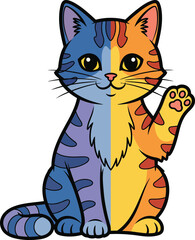 A cute cartoon tabby cat with a splitcolored blue and orange face sitting and waving.