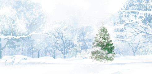 Winter snowy  forest. Christmas tree. Festive holiday illustration