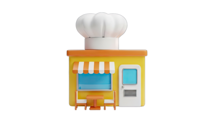 Stylized 3D Cartoon Cafe Building With Chef Hat Detail And Outdoor Seating On Transparent Background
