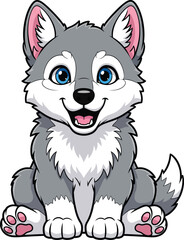 A cute smiling cartoon wolf pup with grey fur big blue eyes and a fluffy white chest sitting happily.