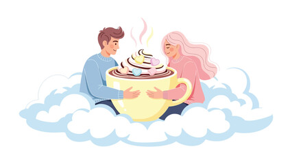 Cozy Cocoa Moment: A loving couple embraces a giant mug of cocoa, sharing a moment of warmth and connection amidst fluffy clouds, radiating the essence of shared joy and tender connection.