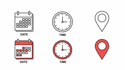 Fototapeta premium Set of Simple Icons for Date, Time, and Location in Outline and Filled Styles