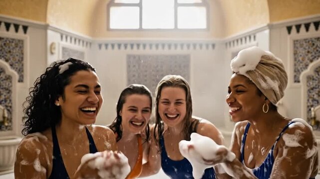 Cheerful Diverse Women Laughing In Luxurious Turkish Hammam Spa.
