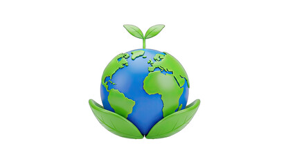 Stylized 3D globe with green leaves emerging from the top and cradled by larger leaves below on a black background symbolizing environmental protection and growth