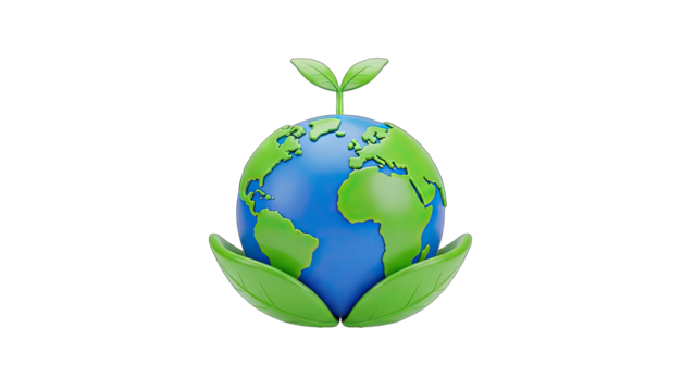 Stylized 3D globe with green leaves emerging from the top and cradled by larger leaves below on a black background symbolizing environmental protection and growth - Powered by Adobe