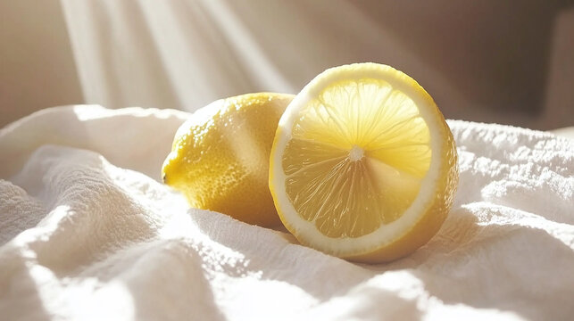 Close-up of two ripe lemons, one sliced in half, casting a warm glow under soft, diffused sunlight, highlighting their vibrant yellow texture and refreshing appeal