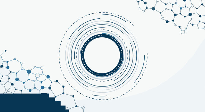 Abstract technology background featuring a central circular interface with hud elements and molecular structures in the corners on a light backdrop.