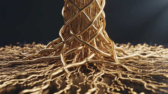 Animated abstract digital roots growing quickly and weaving together to form a solid, robust foundation structure symbolizing foundational corporate success and stability connection, concept, system