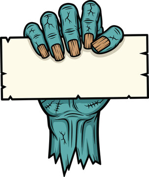 Cartoon blue zombie hand with stitches and cracked fingers holding a blank tattered sign.