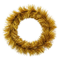 Golden christmas wreath with tinsel decoration on white background