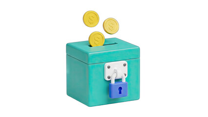 Teal Donation Box with Golden Coins Falling into Slot Secured by a Blue Padlock Against a Transparent Background