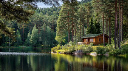 Small wooden house in coniferous forest on lakeside, peaceful retreat escape from city, serene natural setting, with copy space