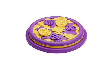 Stylized 3D Render of a Round Digital Coin Transaction Board with Purple and Yellow Digital Currency Symbols Against a Black Background.