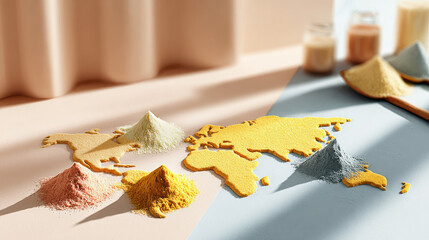 World map crafted from colorful powders vintage materials, symbolizing global creativity. World map constructed from various colored powders textured elements, evoking sense of artisanal creation