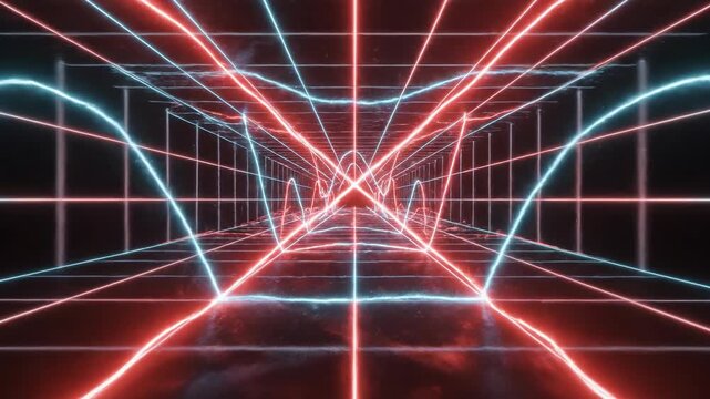Animated abstract grid pattern of bright red and cyan light pulsates and shifts in rhythmic waves across a deep black void suggesting machine intelligence or AI processing cyber, futuristic, digital