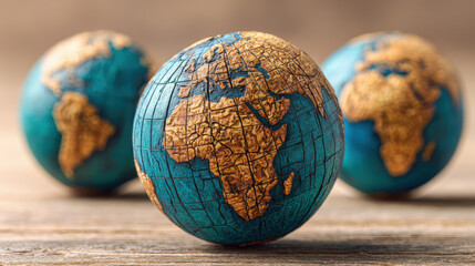 Three handcrafted globes made from vintage materials, showcasing intricate detail and global artistry