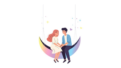 Celestial Embrace: A loving couple holds hands while gently swaying on a crescent moon, a shared moment of romance and togetherness amid a dreamy starry night.