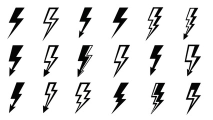 Collection of Diverse Black Lightning Bolt Icons and Symbols for Design