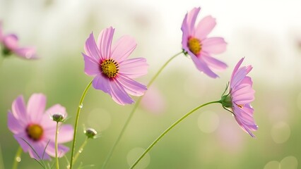 Fototapeta premium Delicate pink cosmos flowers blooming in a softly lit summer garden