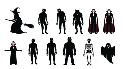 Collection of Halloween Monster Silhouettes Including Witch, Vampire, Zombie, Werewolf, and Ghost
