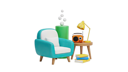 Stylized 3D Rendered Living Room Scene With Teal Armchair White Cushion Stack Of Books Yellow Desk Lamp Orange Retro Radio and Green Cylinder on Transparent Background
