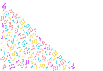 Abstract music pattern of music notes. blue, red. Yellow and white music background. Vector illustration melody.