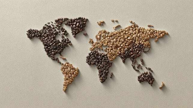World map meticulously crafted from roasted coffee beans on textured surface. Detailed representation of Earth's continents formed from coffee beans, showcasing global coffee production trade routes