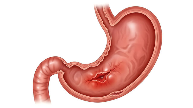 Detailed illustration of a human stomach displaying a bleeding peptic ulcer within its internal lining