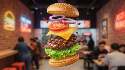 Delicious Beef Burger Ingredients Flying In The Air Isolated