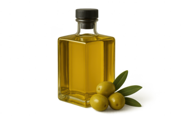 Olive oil bottle with olives on a transparent background closeup view.