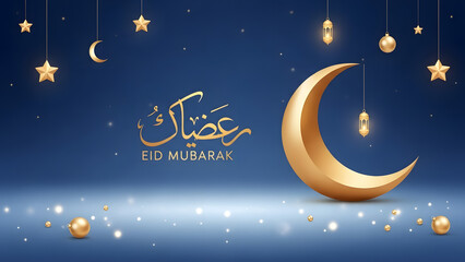 Naklejka premium A minimalist Eid Mubarak design with golden crescent moon, calligraphy, and soft glowing ornaments