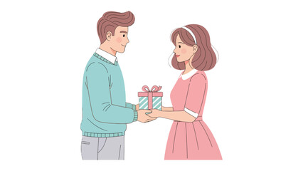 Gift Exchange: A tender moment unfolds as a man and woman engage in a shared gesture of giving, symbolized by an exquisite gift box and an aura of mutual connection.