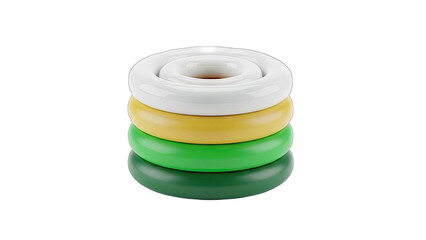 Stack of Three Circular Rings White Yellow Green and Dark Green with Clean Surface and Smooth Texture in Studio Lighting on Transparent Background