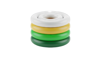 Stack of Three Circular Rings White Yellow Green and Dark Green with Clean Surface and Smooth Texture in Studio Lighting on Transparent Background