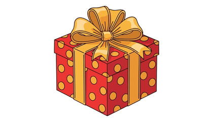 Red Polka Dot Gift Box with Yellow Ribbon and Bow, Isolated on White Background