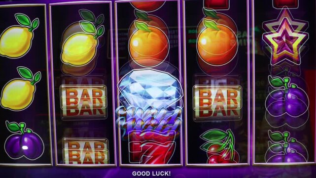 Casino slot machine screen with colorful fruit symbols like lemon, plum, oranges, cherries, diamond, bar icon, star and red lucky number seven