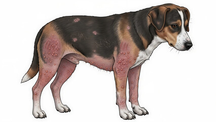 Illustration of a dog with skin irritation and inflammation, showing redness and patchy fur loss