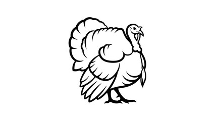 Black and White Outline Illustration of a Proud Turkey with Fanned Tail Feathers