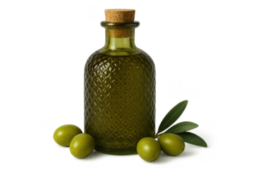 Olive oil bottle with transparent background, green olives and leaves