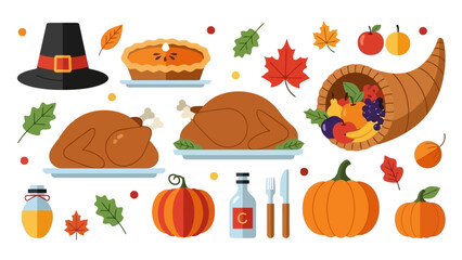 Thanksgiving Feast Flat Vector Illustration: Turkey, Pie, Pumpkin, Cornucopia & Autumn Leaves