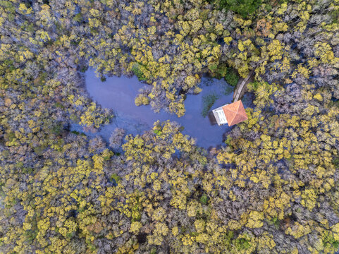 Aerial view of a serene pond embraced by dense foliage with a small building nestled beside it, Hương Tr&agrave;, Hue City, Vietnam.