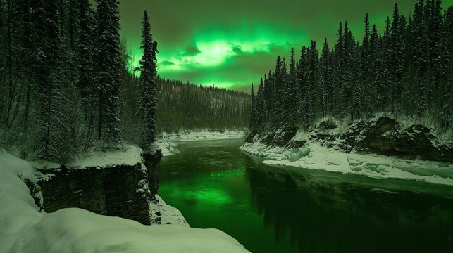 Vibrant Aurora Borealis dancing in the emerald green night sky above a snow-covered forest and frozen river - Powered by Adobe
