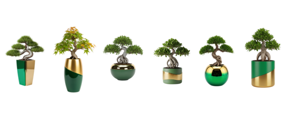 Bonsai in Green Gold vase isolated on transparent background - No background