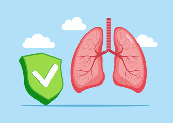 Human lungs with green check mark. Respiratory system in normal. Anatomy, medicine concept. Healthcare. Vector illustration. 