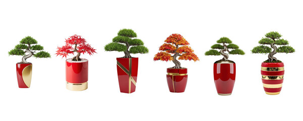 Bonsai in Red Gold vase isolated on transparent background - No background