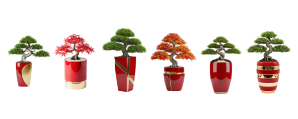 Bonsai in Red Gold vase isolated on transparent background - No background