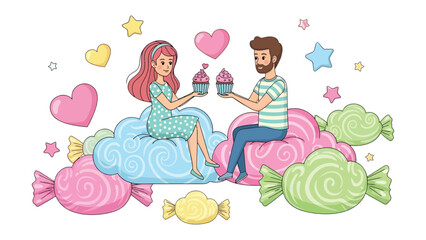 Sweethearts Sharing Cupcakes: Two loving figures, seated on fluffy clouds amidst candy and hearts, share cupcakes in a whimsical display of affection.